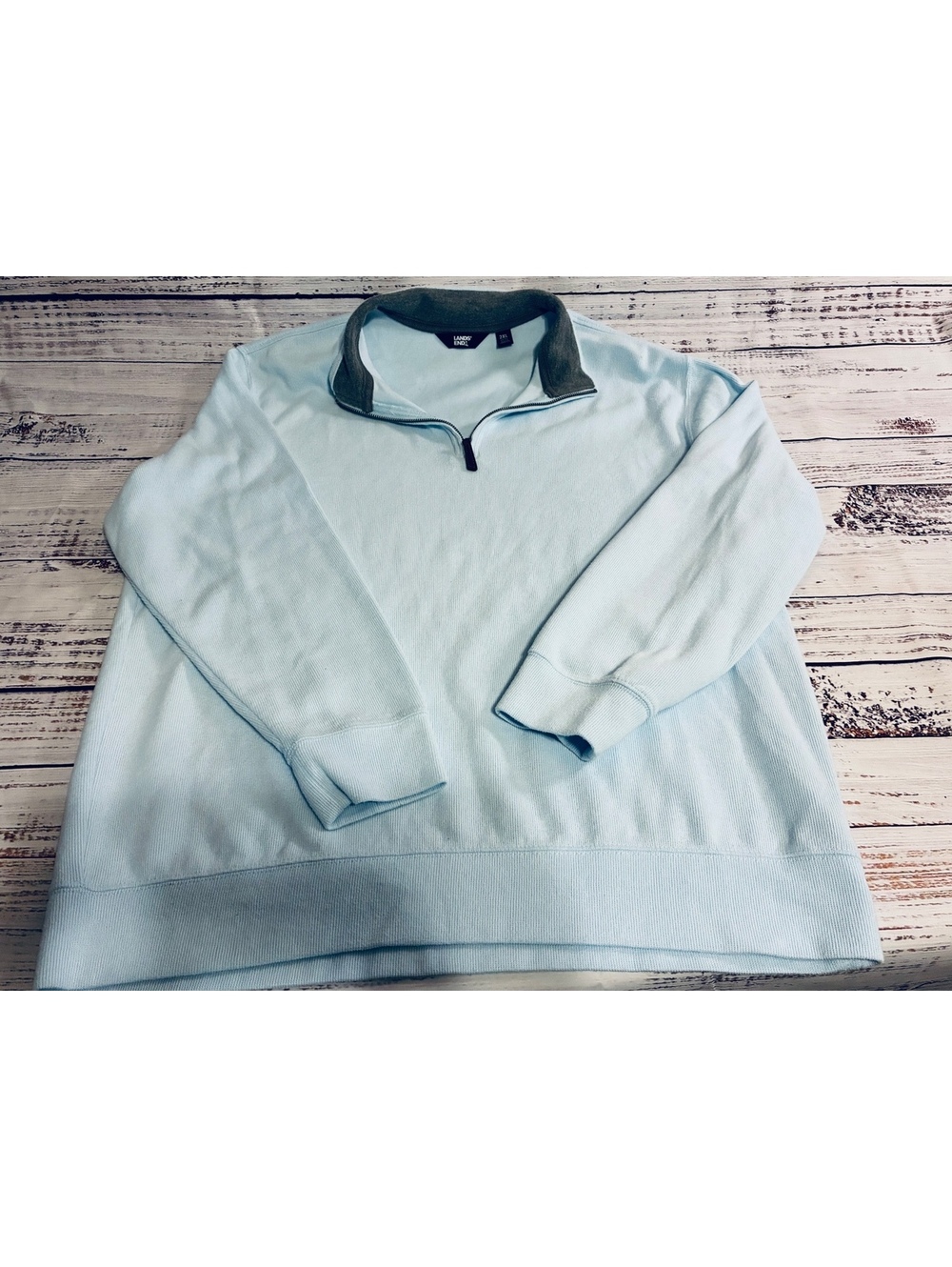 Lands’ End light blue quarter zip pullover with gray collar trim size 2XL
